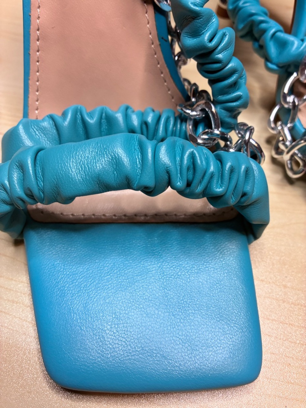 Turquoise Ruched Chain Strap Square-Toe Heels - Picture 5 of 7
